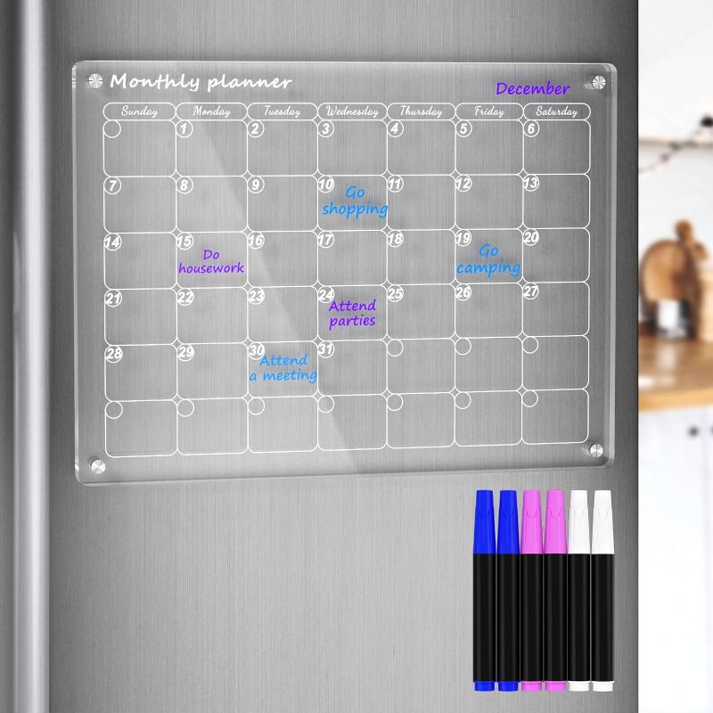 Photo 1 of AITEE Acrylic Magnetic Dry Erase Board Calendar for Fridge, Monthly Calendar, 16"x12" Inches Clear Calendar for Refrigerator Includes 6 Dry Erase Markers with 3 Colors