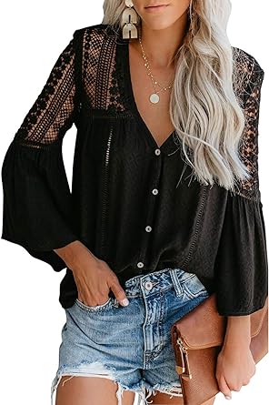 Photo 1 of FARYSAYS Women's Tops Lace Crochet V Neck Button Down Bell Sleeve Shirts Casual Loose Blouses 2XL