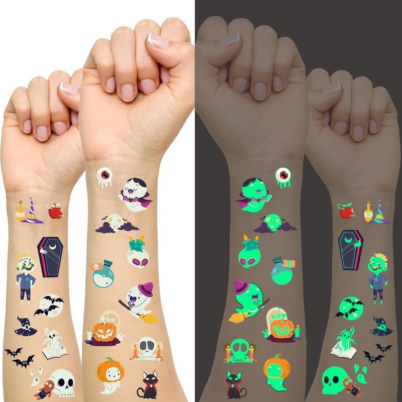 Photo 1 of 4 PACK(1,345 PIECES TOTAL) 269pcs/20 Sheets Halloween Temporary Tattoos for Kids,Halloween Tattoos Glow in the Dark Ghost Monster Skeleton Tattoos Sticker for Halloween Trick or Treat Party Favor Supply