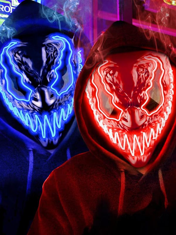 Photo 1 of 2 PACK(4 PIECES TOTAL) Venobat Mask Halloween LED Light Up Mask for Adults Kids: 2 Pack Dark and Evil Glowing Eyes Neon Mask with 3 Lighting Modes EL Wire - Ideal Gift for Men Women Halloween Costume Party - Blue Red