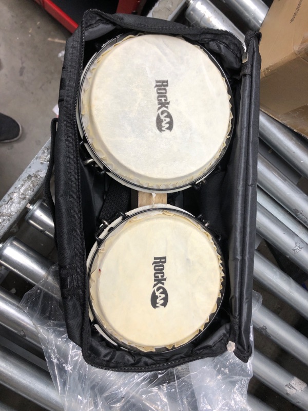 Photo 2 of RockJam 7" and 8" Bongo Drum Set with Padded Bag and Tuning Key, Red and Natural Stripe