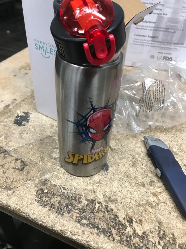 Photo 3 of Zak Designs 27oz Marvel 18/8 Single Wall Stainless Steel Water Bottle with Flip-up Straw and Locking Spout Cover, Durable Cup for Sports or Travel (27oz, Spider-Man) 27oz Spider-Man Water Bottle