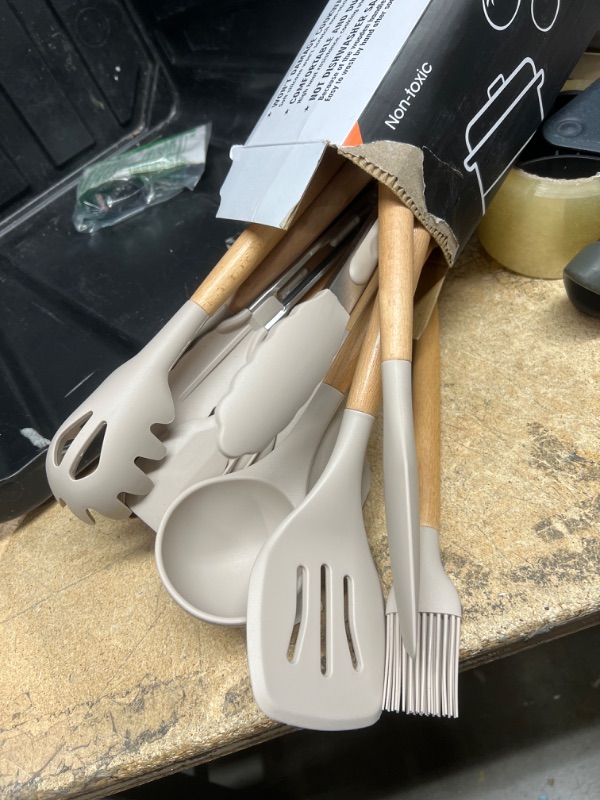 Photo 2 of 14 Pcs Silicone Cooking Utensils Kitchen Utensil Set - 446°F Heat Resistant,Turner Tongs, Spatula, Spoon, Brush, Whisk, Wooden Handle Kitchen Gadgets with Holder for Nonstick Cookware (BPA Free Khaki)