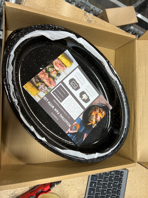 Photo 2 of 14.6 Inch Roasting Pan with Lid - Covered Oval Roaster - Enamel Carbon Steel Roaster Pot - Excellent Heat Distribution and Non-sticky - for Turkey Chicken Meat & Vegetables -Birthday and Holiday gift