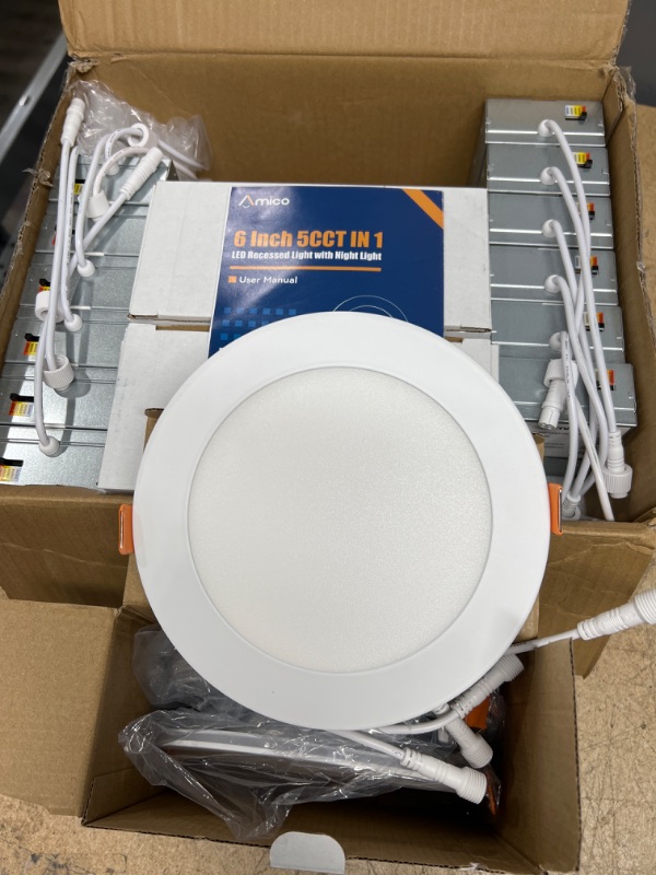 Photo 1 of Amico 12 Pack 6 Inch 5CCT LED Recessed Ceiling Light with Night Light, 2700K/3000K/3500K/4000K/5000K Selectable Ultra-Thin Recessed Lighting, 12W=110W, 1100LM, Dimmable Canless Wafer Downlight - ETL