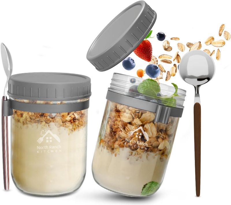 Photo 2 of 16 oz overnight oats containers with lids - Jars with spoons and lids - made of premium borosilicate glass - 2x oatmeal jars with spoons & spoon holder