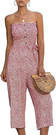 Photo 1 of *DARK PINK, NOT RED, SEE PICS* Angashion Women’s Jumpsuit-Casual Off Shoulder Sleeveless Ruffle Button Belt Wide Leg Jumpsuits Rompers Summer SIZE LARGE