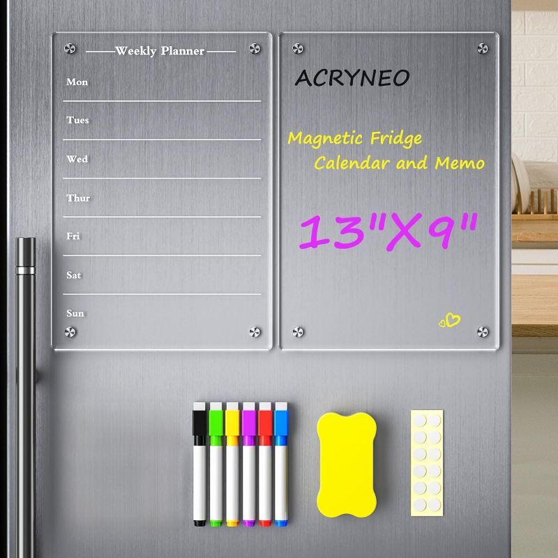 Photo 1 of Acrylic Magnetic Weekly Meal Planner for Fridge, 13" x 9" Clear Set of 2 Dry Erase Board Calendar and Memo for Refrigerator, Reusable Week Planner Board Includes 6 Colors Markers