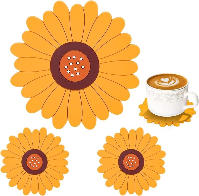 Photo 1 of 2 PACK(8 PIECES TOTAL) Silicone Sunflower Drink Coasters 4 Pcs Non-Slip Washable Heat Resistant Soft Rubber Cute Cup Mat Tabletop Protection and Decoration Coaster for Kitchen Dining Room Living Room Bar Balcony Plants