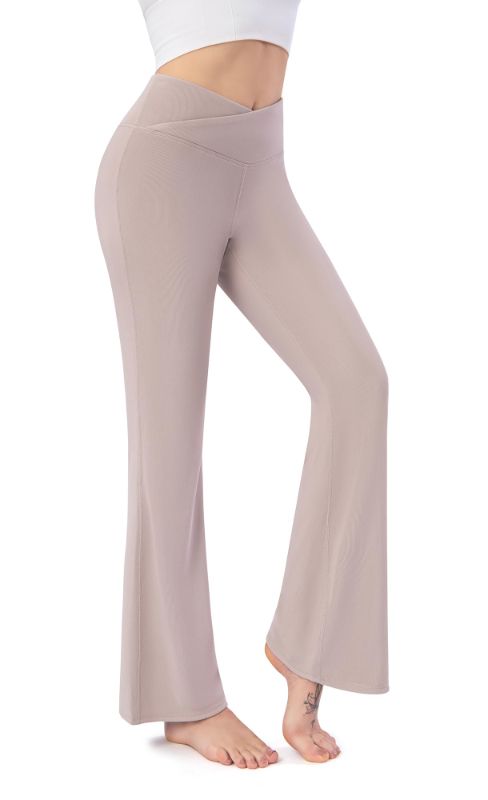 Photo 1 of Fyshipin Women Lounge Pants Casual Loose Wide Leg Cozy Pants with V Crossover Waist Flare Yoga Pant 28" Inseam Large Light Khaki LARGE