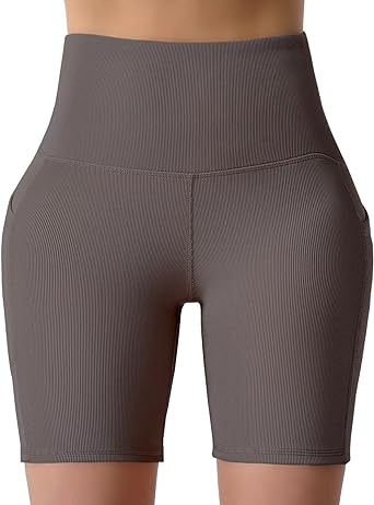 Photo 1 of Fyshipin Women Yoga Shorts with Pockets,Tummy Control High Waist Ribbed 7" Inseam,Gym Compression Workout Biker Shorts Large Coffee