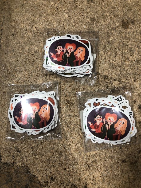 Photo 2 of 3 PACK(150 PIECES TOTAL) 50PCS Hocus Pocus Movie Stickers Halloween Decorations for Kids Teens,Vinyl Waterproof Cute Witch Water Bottle Sticker Laptop Sticker Wardrobe Car Skateboard Motorcycle Bicycle Mobile Phone Luggage Guitar DIY Decal for boys Girls 