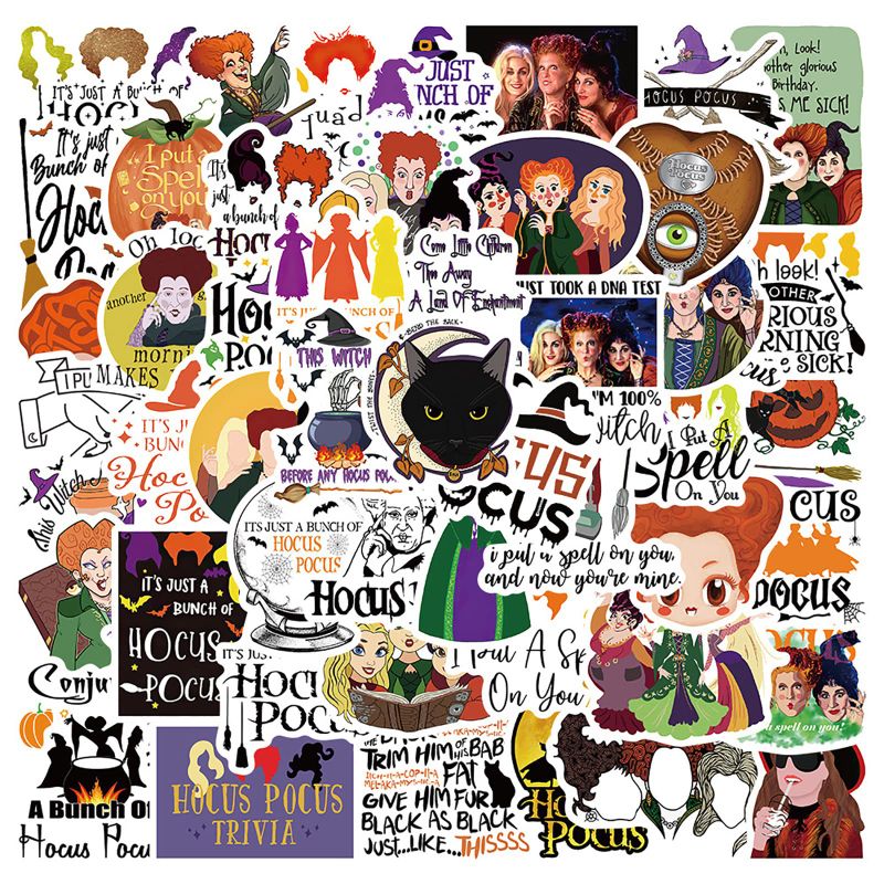 Photo 1 of 3 PACK(150 PIECES TOTAL) 50PCS Hocus Pocus Movie Stickers Halloween Decorations for Kids Teens,Vinyl Waterproof Cute Witch Water Bottle Sticker Laptop Sticker Wardrobe Car Skateboard Motorcycle Bicycle Mobile Phone Luggage Guitar DIY Decal for boys Girls 