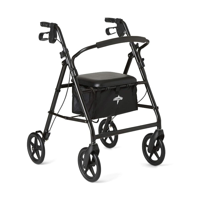 Photo 1 of 
Medline Aluminum Rollator Walker with Seat, Folding Mobility Rolling Walker has 8 inch Wheels, Black