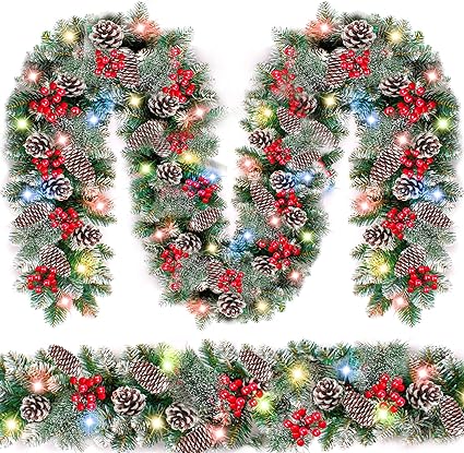 Photo 1 of [2 Pack & Timer 8 Mode] 9 Ft 100 LED Prelit Artificial Christmas Garlands Color Lights Thick 300 Tips Snowy Bristle 198 Red Berry 18 Big Pinecone Battery Operated Christmas Decor Indoor Home Mantle
