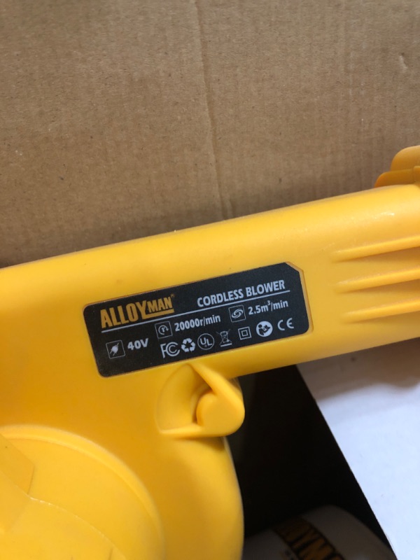 Photo 1 of Alloyman Leaf Blower, 20V Cordless Leaf Blower, with 4.0Ah Battery & Charger, 2-in-1 Electric Leaf Blower & Vacuum for Yard Cleaning/Snow Blowing. Yellow1