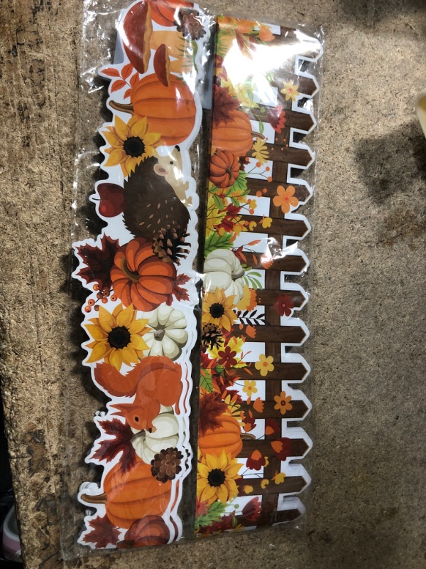 Photo 2 of Whaline 69FT Fall Bulletin Board Borders Autumn Fence Flower Border Trim Self-Adhesive Pumpkin Fall Leaves Squirrel Hedgehog Board Decal Stickers for School Classroom Wall Thanksgiving Decor