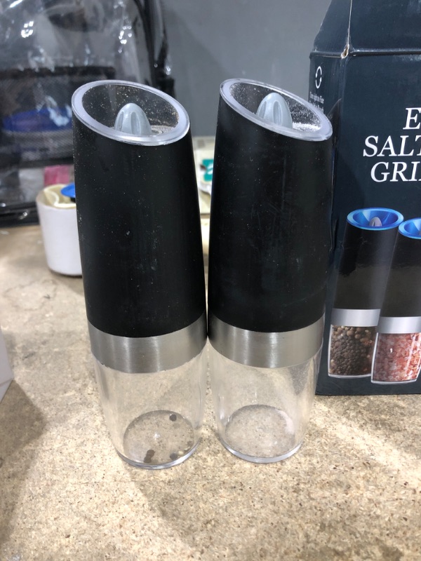 Photo 2 of (2 Pack) Gravity Electric Salt and Pepper Grinder Set Battery Operated Automatic One Hand Operation, Adjustable Coarseness Mill Grinders Shakers LED Light Stainless Steel, Kitchen Gadgets Gifts Ideas