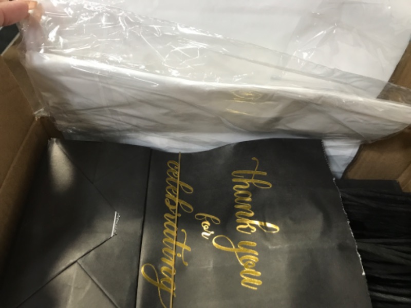 Photo 2 of 50 Pack Small Black & Gold Thank You for Celebrating with Us Welcome Gift Bags with Handles and Tissue Paper for Wedding, Birthday, Bridal Shower Hotel Guests, Party Favors (9''x5.5''x3.15'')