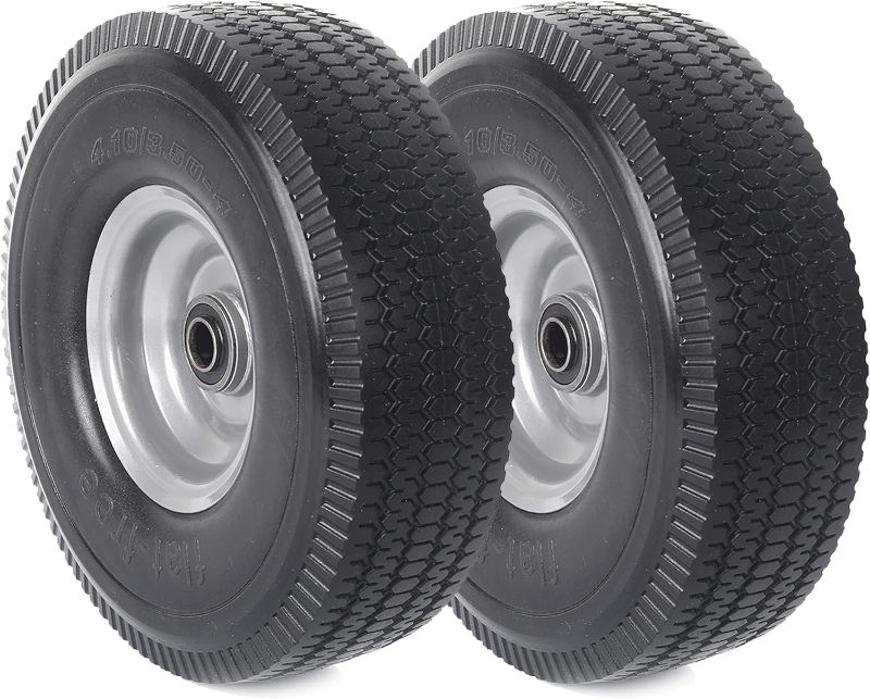 Photo 1 of (2-Pack) AR-PRO 10 x 3.50-4” Solid PU Run-Flat Tire Wheel - 10” Flat Free Tubeless Tires and Wheels for Utility Equipment - 5/8” Axle Bore Hole, Offset Hub, and Double-Sealed Ball Bearings

