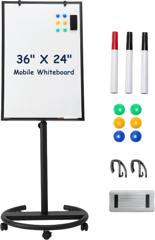 Photo 1 of Magnetic Mobile Whiteborad Dry Erase - 36 X 24 Inches Standing White Board Easel, Height Adjustable Dry Erase Rolling Whiteboard on Wheels with Flipchart Hooks
