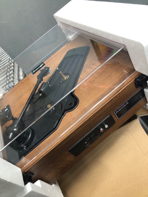 Photo 2 of All-in-One Vintage Record Player High Fidelity Belt Drive Turntable for Vinyl Records Built-in 2 Tweeter and 2 Bass Stereo Speakers, Vinyl Player with MM Cartridge, Bluetooth, Aux-in, RCA, Auto Stop Brown Built-in 4 Speakers