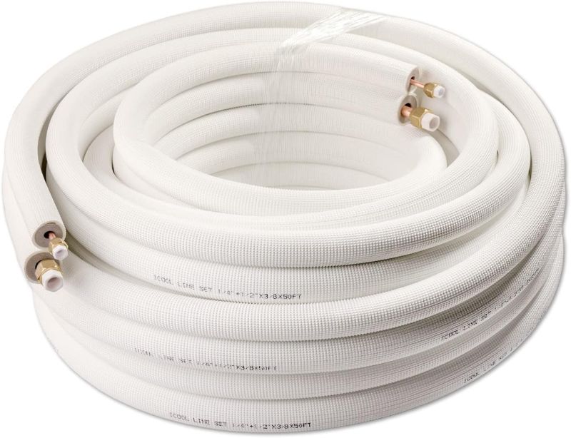 Photo 1 of  ICOOL 50 Ft. Mini Split Line Set, 1/4" & 1/2" O.D. Twin Copper Pipes, 3/8" Thickened PE Insulated Coil Copper Line with Nuts for Air Conditioner HVAC Refrigeration and Heating Equipment
 1/4L x 3/8S x 1/2l x 50 ft Strram line Line Sets (White)