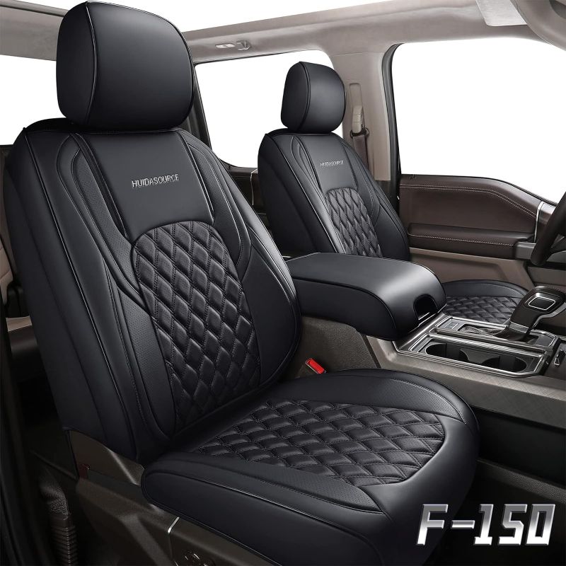 Photo 1 of Huidasource Seat Covers, Faux Leather Front & Rear Truck Seat Covers 5 Pieces, Waterproof Seat Cushion Cover Custom Fit for Ford F150 F250 F350 F450 2015-2022 (Full Set/Black) Black Full Set