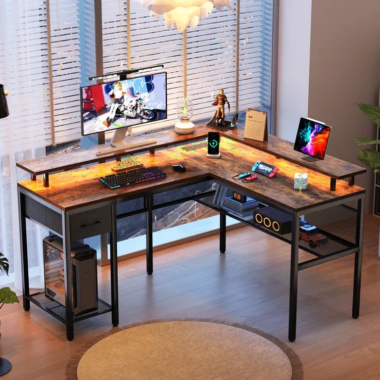 Photo 1 of Huuger Gaming Desk with LED Lights & Power Outlets, L Shaped Desk Computer Desk with Storage Shelves, Fabric Drawer, Monitor Stand, Home Office Desk, Corner Desk, Rustic Brown
