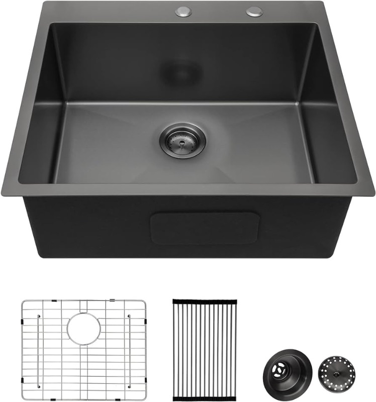 Photo 1 of 25 Kitchen Sink Drop in - Lordear 25 x 22 inch Drop in Topmount Kitchen Sink 16 Gauge Stainless Steel Gunmetal Black Single Bowl Bar Prep Kitchen Sink Basin