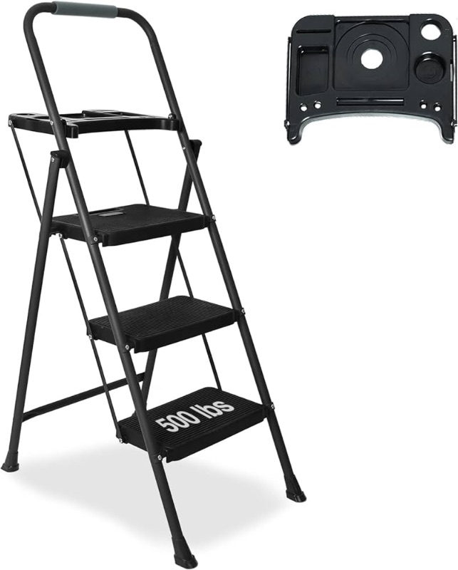 Photo 1 of 3 Step Ladder with Tool Tray Platform, 500 lbs Folding Step Ladder, Wide Non-Slip Pedal, Portable Steel Ladder for Kitchen Pantry Home Office