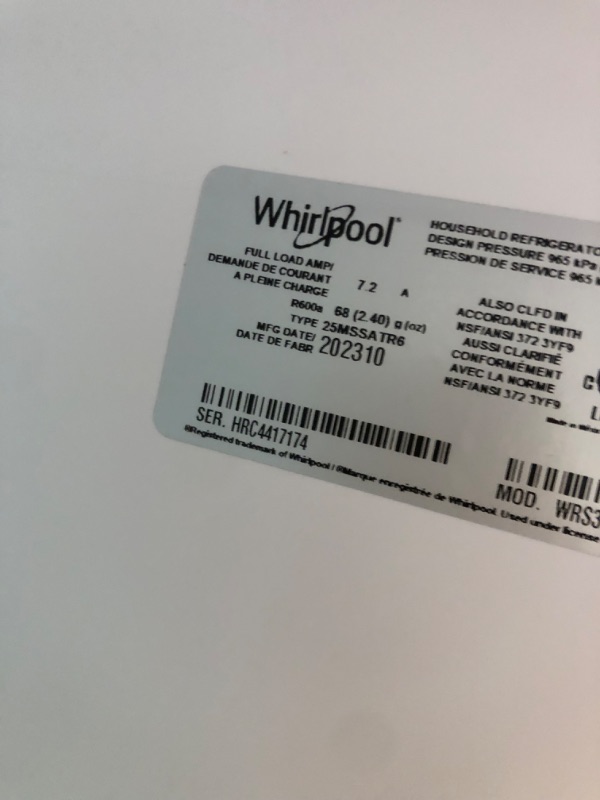 Photo 1 of LIKE NEW Whirlpool 24.6-cu ft Side-by-Side Refrigerator with Ice Maker (Fingerprint Resistant Stainless Steel)

