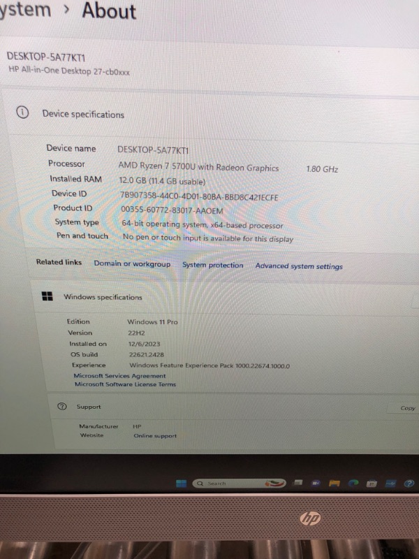 Photo 5 of HP 27” All-in-One Desktop PC, AMD Ryzen 7 5700U, 12 GB RAM, 256 GB SSD & 1 TB Hard Drive, Full HD IPS Display, Windows 11 Pro, 720p Privacy Webcam, Dual Mics, Keyboard and Mouse (27-CB0052, 2022)
