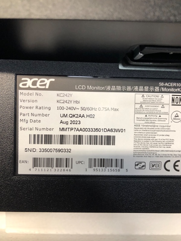 Photo 3 of Acer KC242Y Hbi 23.8" Full HD (1920 x 1080) Zero-Frame Gaming Office Monitor | AMD FreeSync Technology | 100Hz | 1ms (VRB) | Low Blue Light | Tilt | HDMI & VGA Ports 23.8-inch 100Hz