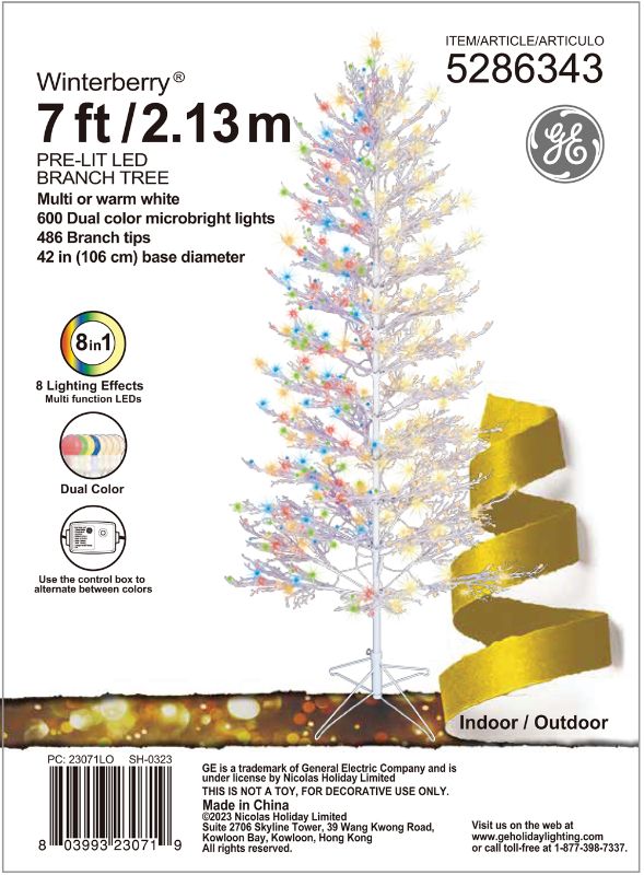 Photo 1 of 23071 - GE Winterberry® White Branch Tree, 7 ft., Color Choice® LED, 600ct 8.8mm MicroBright Lights, Multi/Warm White
