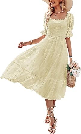 Photo 1 of  SIZE SMALL MEROKEETY Women's 2023 Summer Square Neck Puff Sleeve Boho Midi Dress Swiss Dot Ruffle Flowy Tie Back Dress