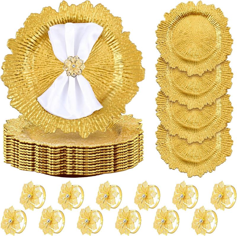 Photo 1 of ***ONLY 21 plates ***Dandat 24Set Charger Plate with Napkin Ring 13 in Round Matte Reef Plate Charger Ruffled Rim Dinner Charger Hollow out Flower Napkin Holder Plastic Plate Charger for Table Setting Wedding (Gold)
