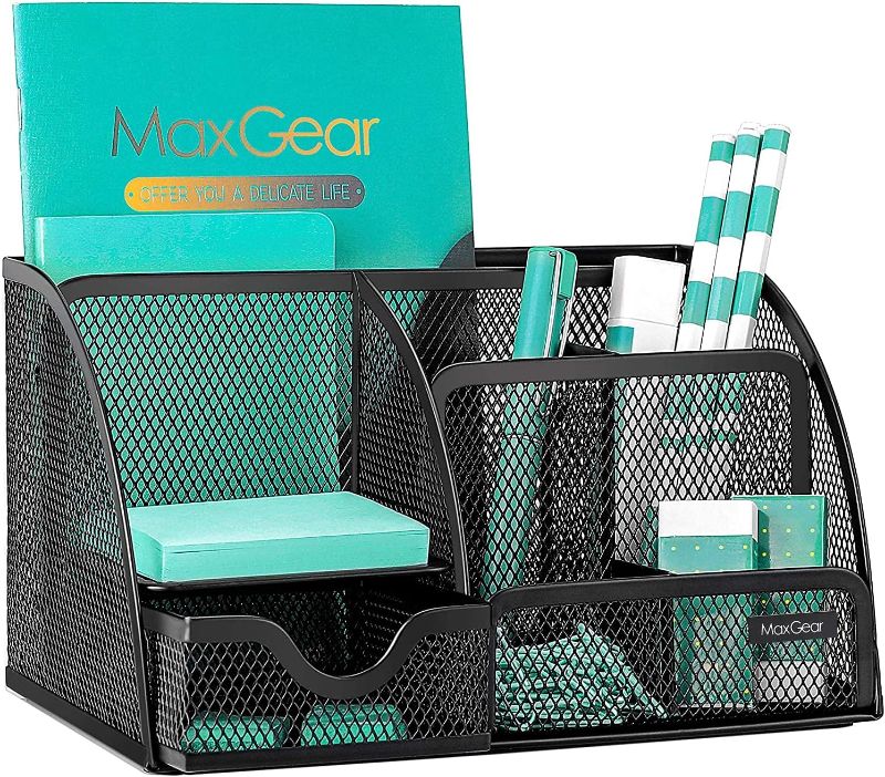 Photo 1 of MaxGear Mesh Office Desktop Organizer with Drawer, Metal Stationary Black Desk Caddy, 6 Compartments, 8.7 x 5.5 x 5 inch, 1 Pack