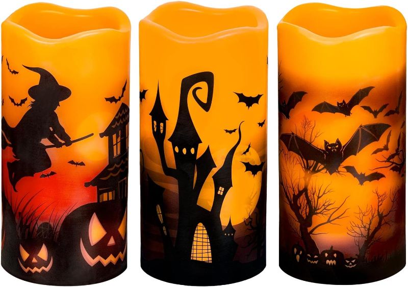 Photo 1 of 3 PCS Battery Operated Flameless Flickering Candles with 6 Hour Timer, Real Wax Electric LED Halloween Fake Pillar Candles with Castle, Witch, Bats for Indoor Kids Halloween Thanksgiving Decor