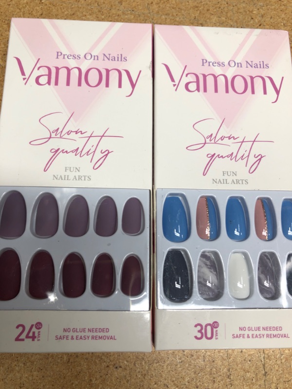 Photo 2 of * 2 SETS* Vamony 60Pcs Press on Nails Medium Long - Winter White Bule Grey Coffin Fake Nails Kit, Glossy False Nails Short, Stick on Nails for Women Girls