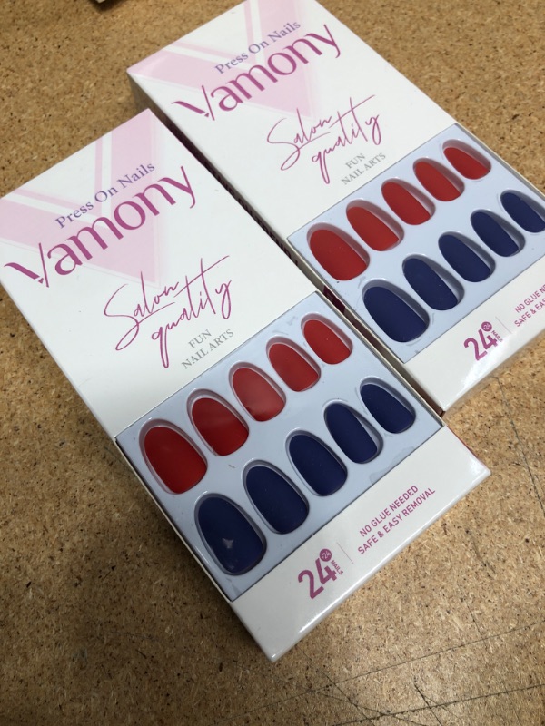 Photo 2 of * Set of 2* Vamony 48Pcs Short Press on Nails Almond, Red Blue Matte Solid Fake Nails, Stick on Nails Kit with Prep Pad, Mini File, Cuticle Stick and False Nails, Christmas Gift for Women Girls