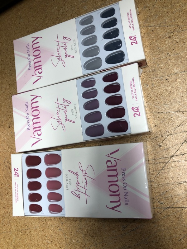 Photo 2 of * 3 Sets* Vamony 48Pcs Short Press on Nails Almond - Matte Purple Pink Solid Fake Nails Kit, Valentine's Day False Nails, Stick on Nails for Women Girl DIY Home