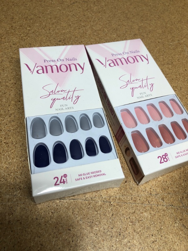 Photo 2 of * SET OF 2* Vamony Matte Grey Blue Press on Nails - 48Pcs Short Solid Almond Fake Nails, False Nails Valentine's Day Gift, Stick on Nails DIY for Women Girls Silver Dark Blue