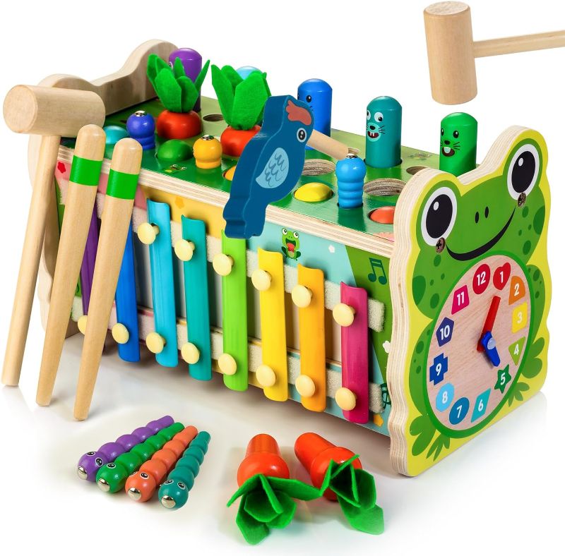 Photo 1 of * DAMAGED* 6 in 1 Wooden Montessori Toys for 1 Year Old Whack a Mole Game Hammering Pounding Toy with Xylophone Carrot Harvest Game Learning Developmental Toys Toddler Activities Gift Ages 1 2 3 4 6-in-1