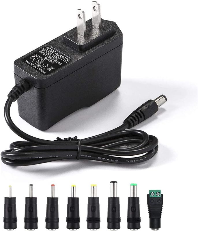 Photo 1 of 12V 2A AC Adapter Charger Replacement with 8 Tips, Regulated 12 Volts 2000mA Power Supply Cord for LED Strip Light, CCTV Camera, BT Speaker, GPS, Webcam, Router, DC12V Transformer (6ft)
