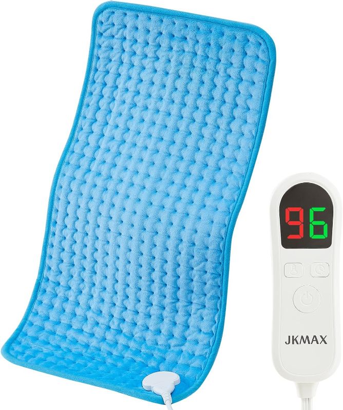 Photo 1 of JKMAX Heating Pad for Back Pain Relief with Auto Shut-Off,10 Heat Settings, Blue Heating Pads for Cramps with LED Controller, Moist and Dry Heat Therapy for Neck, Shoulder, Machine-Washable,12" x 24"
