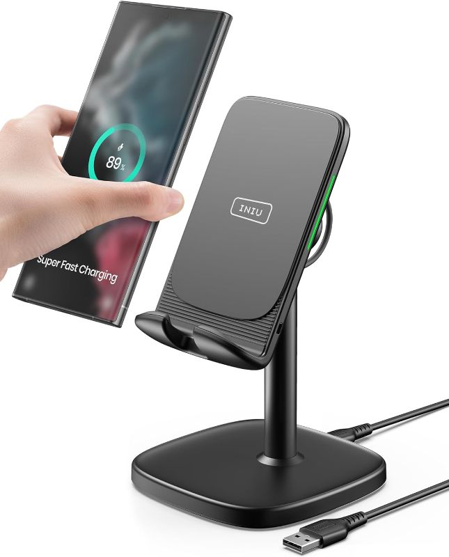 Photo 1 of INIU Wireless Charger Stand, 15W Fast Wireless Charging Stand, Adjustable Angle Charger Dock Phone Holder, Wireless Charging Station Compatible with iPhone 15 14 13 12 11 Pro/Max Samsung S22 S21 Pixel
