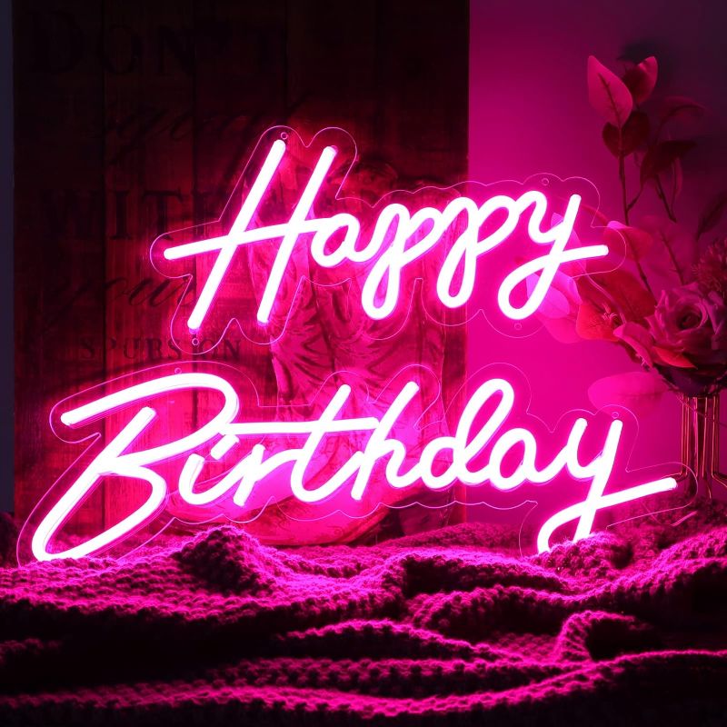 Photo 1 of *MISSING POWER CORD** ATOLS Happy Birthday Large Neon Sign for Wall Decor, with Dimmable Switch, Reusable Happy Birthday Neon Light Sign for All Birthday Party Decoration, Size-Happy 16.5x8inch, Birthday 23 X 8inch Pink-without Remote Control