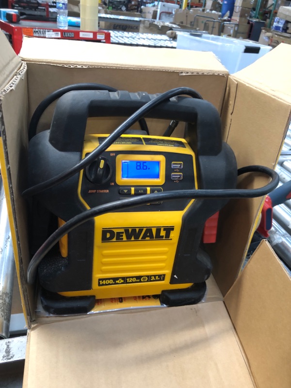 Photo 2 of DEWALT DXAEJ14 Digital Portable Power Station Jump Starter: 1400 Peak/700 Instant Amps, 120 PSI Digital Air Compressor, 3.1A USB Ports, Battery Clamps , Yellow