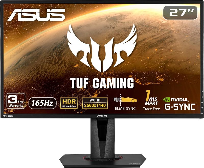 Photo 1 of ASUS TUF Gaming 27" 2K HDR Gaming Monitor (VG27AQ) - QHD (2560 x 1440), 165Hz (Supports 144Hz), 1ms, Extreme Low Motion Blur, Speaker, G-SYNC Compatible, VESA Mountable, DisplayPort, HDMI ,Black
